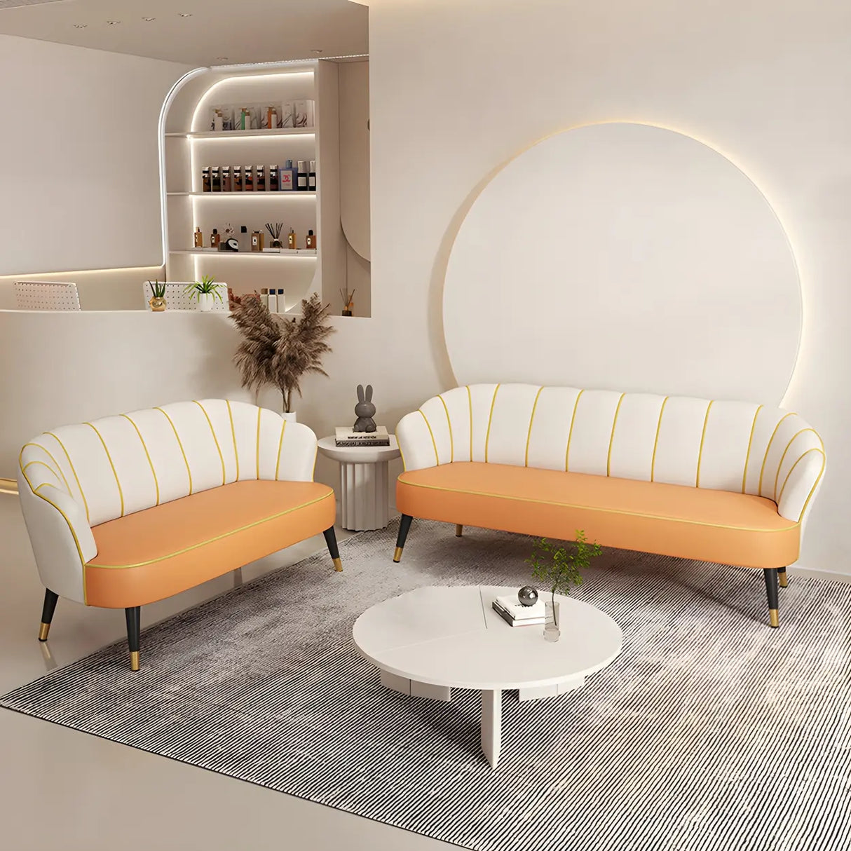 Orange-Beige Leather Sewn Pillow Back Sloped Arms Sofa Image - 6