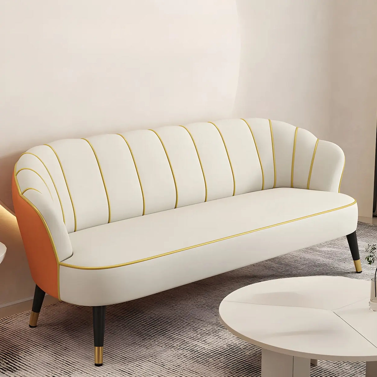 Orange-Beige Leather Sewn Pillow Back Sloped Arms Sofa Image - 7