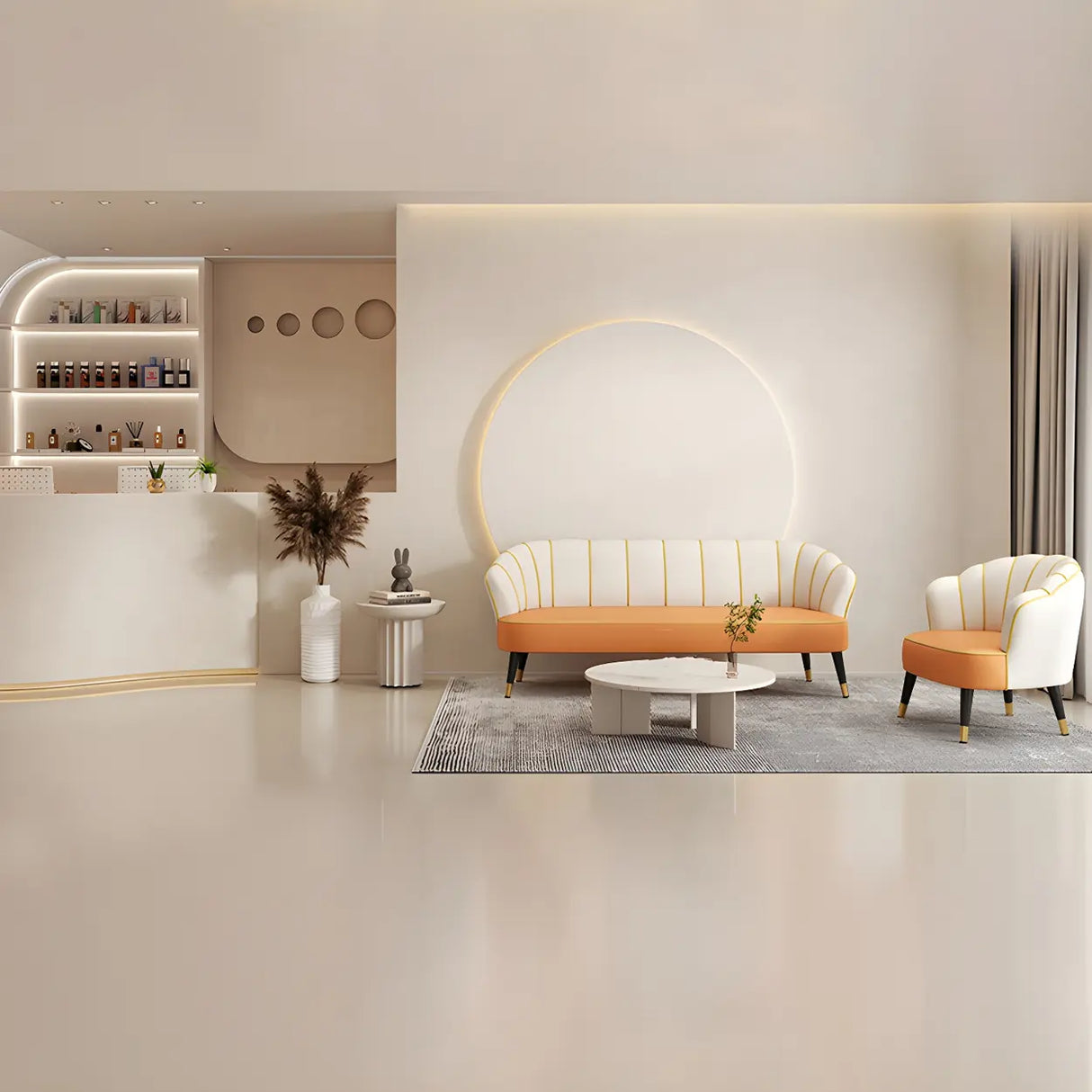 Orange-Beige Leather Sewn Pillow Back Sloped Arms Sofa Image - 8