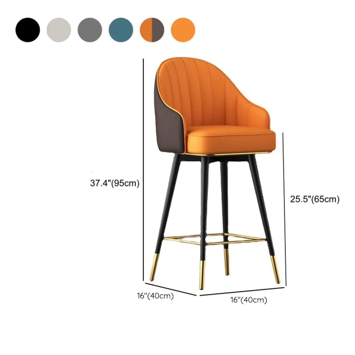 Orange Curved Leather Tall Bistro Stool with Armrest