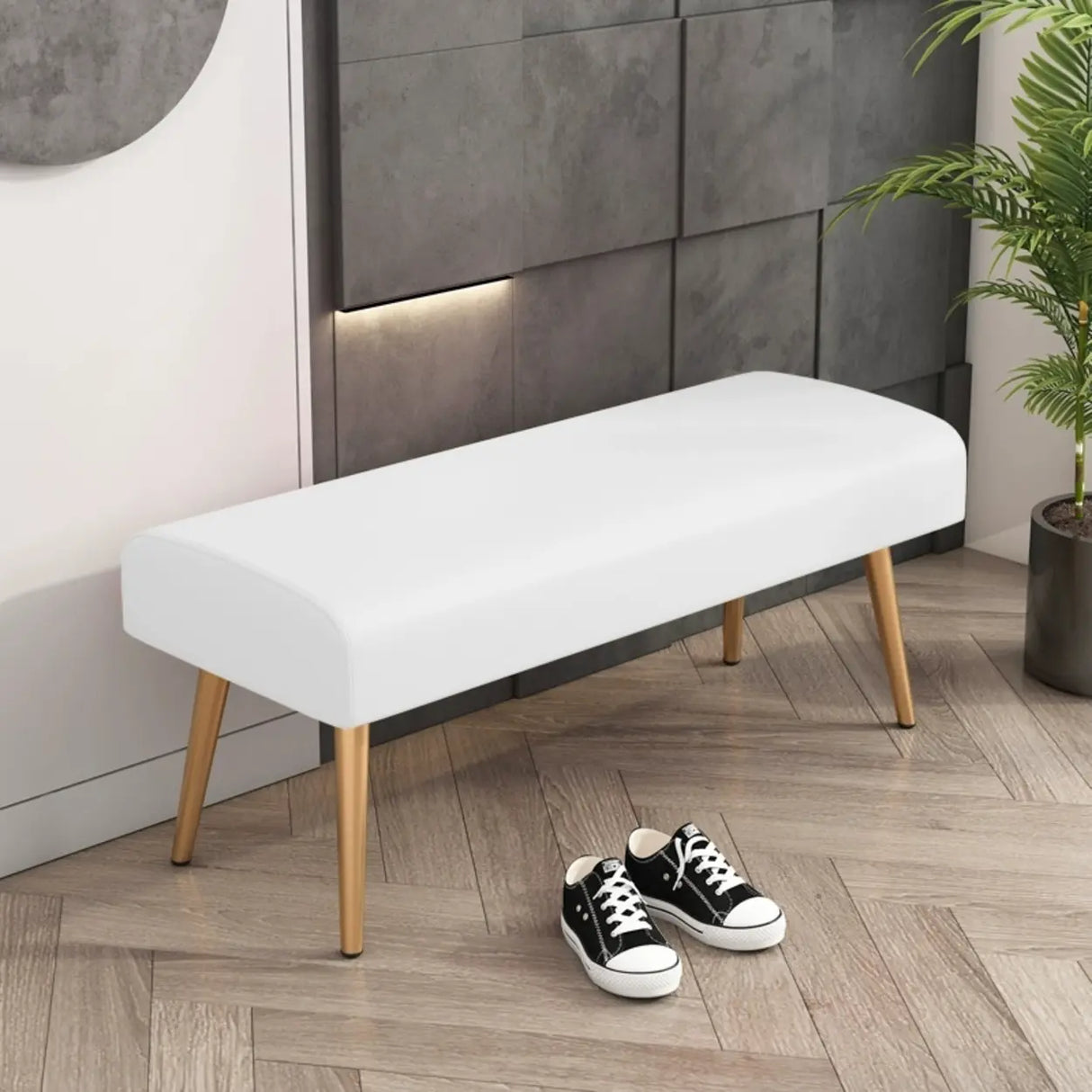 Orange Faux Leather Cushioned Bedroom Bench with Legs Image - 3