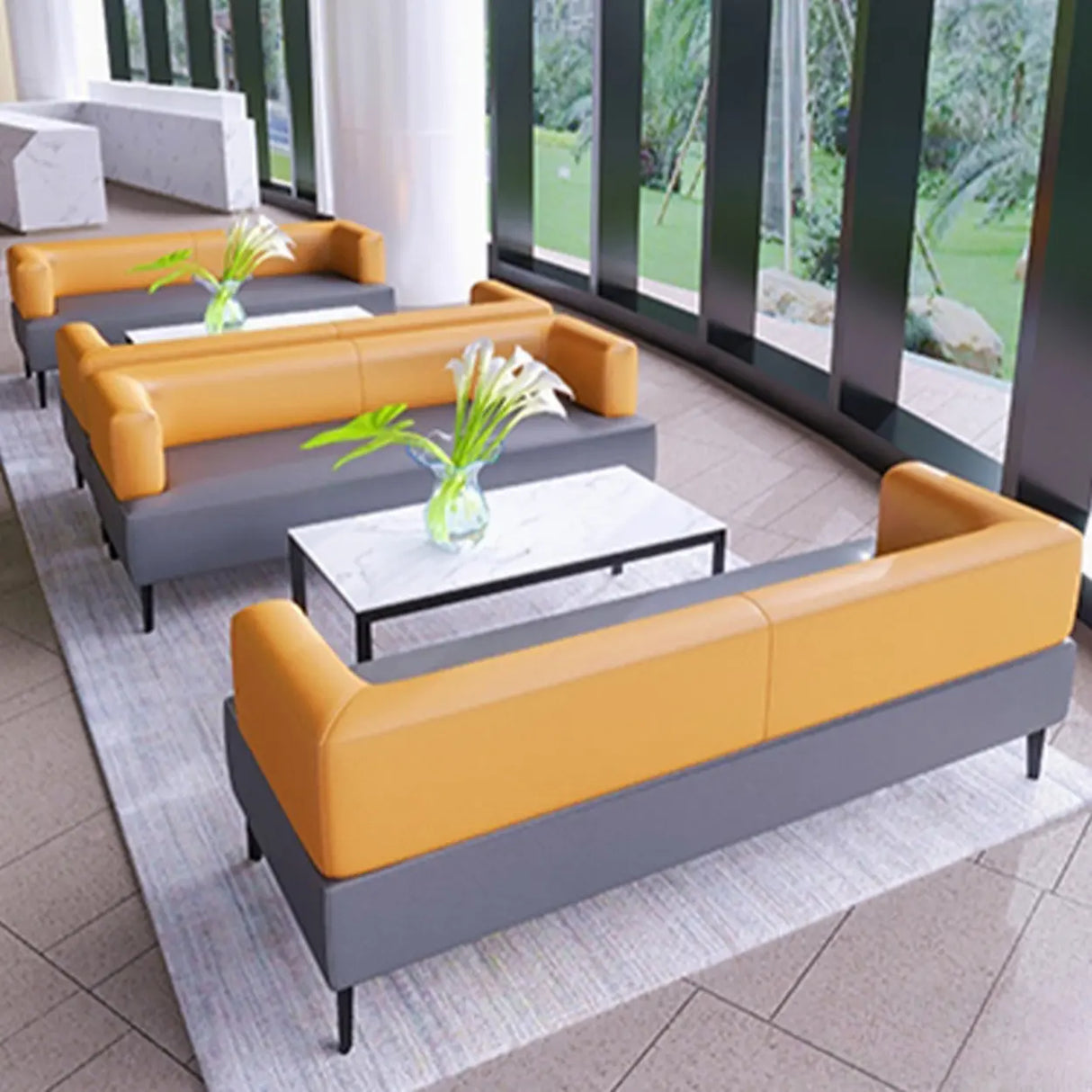 Orange Gray Leather Rectangular Loveseat with Table Image - 1