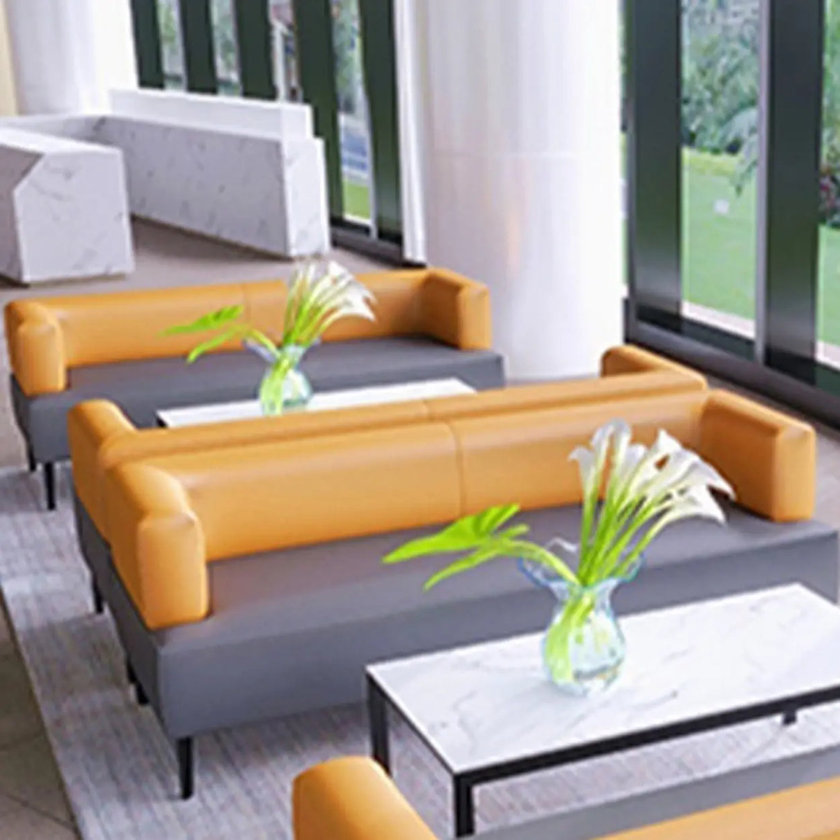 Orange Gray Leather Rectangular Loveseat with Table Image - 3