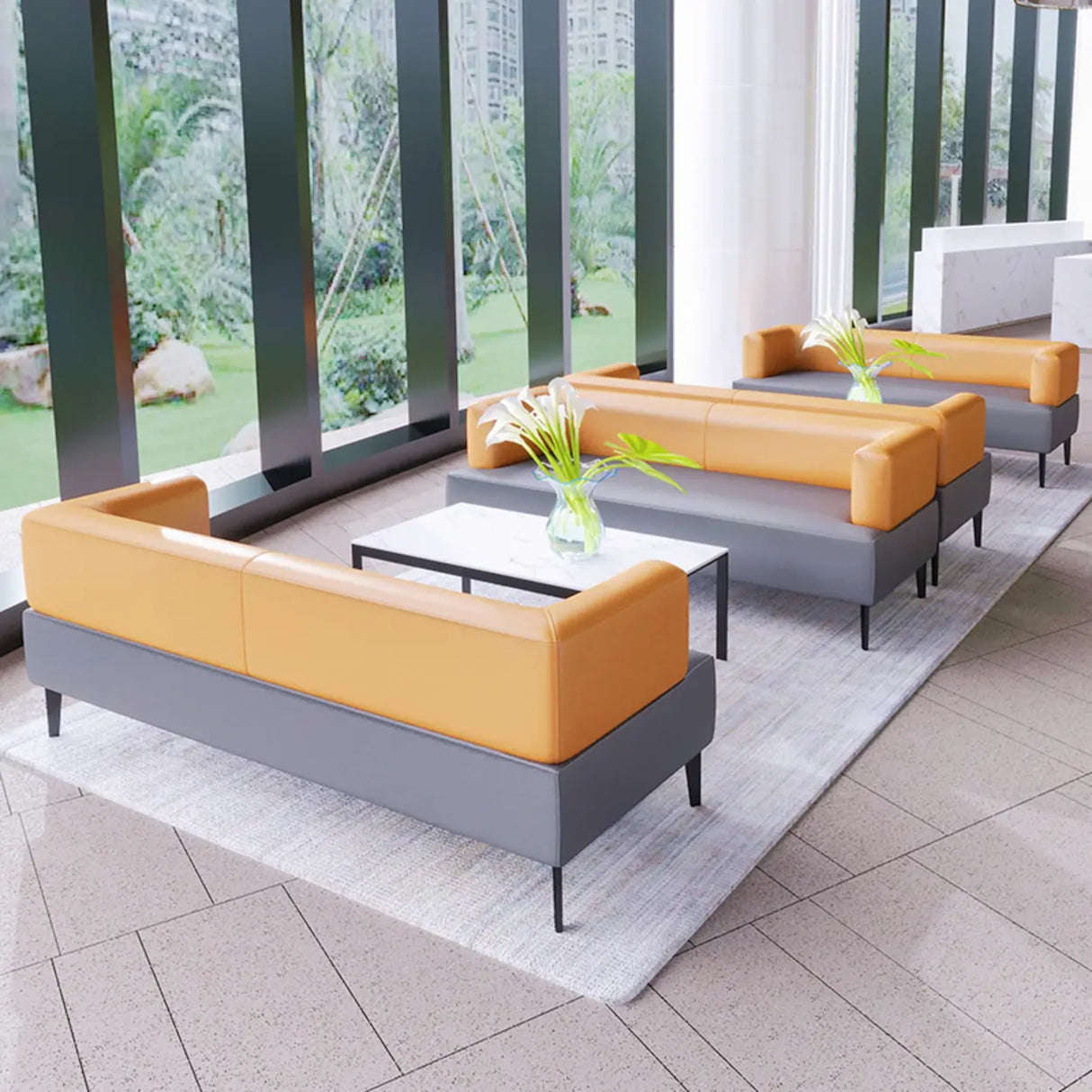 Orange Gray Leather Rectangular Loveseat with Table Image - 6