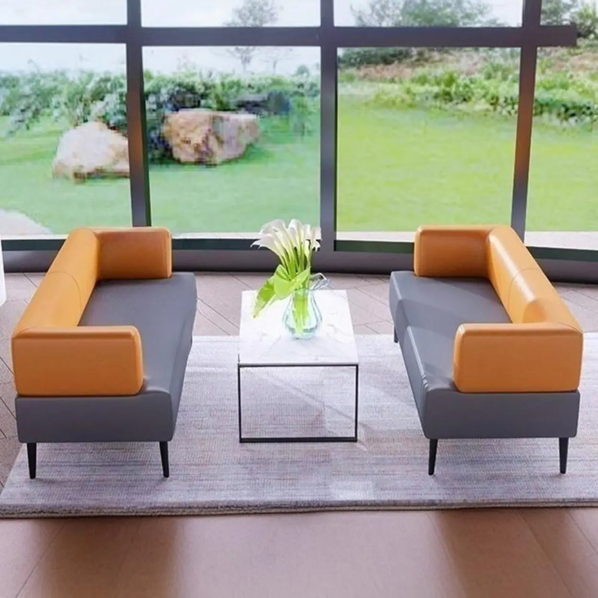 Orange Gray Leather Rectangular Loveseat with Table Image - 7