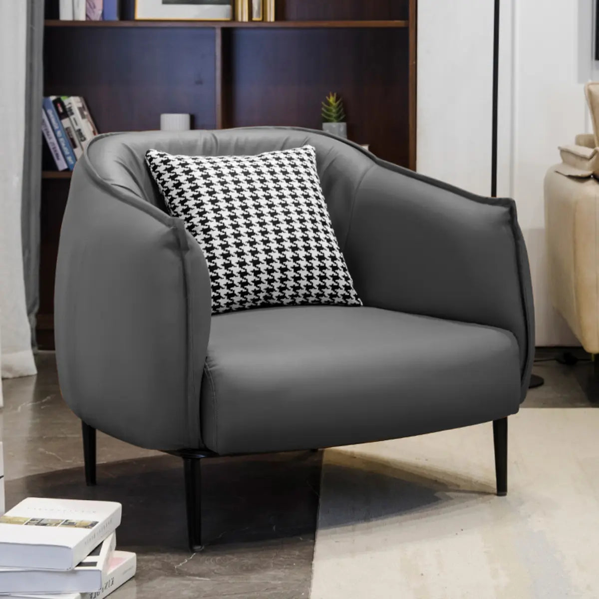 Orange Houndstooth Linen Fixed Back Foam Fill Arm Chair Image - 17