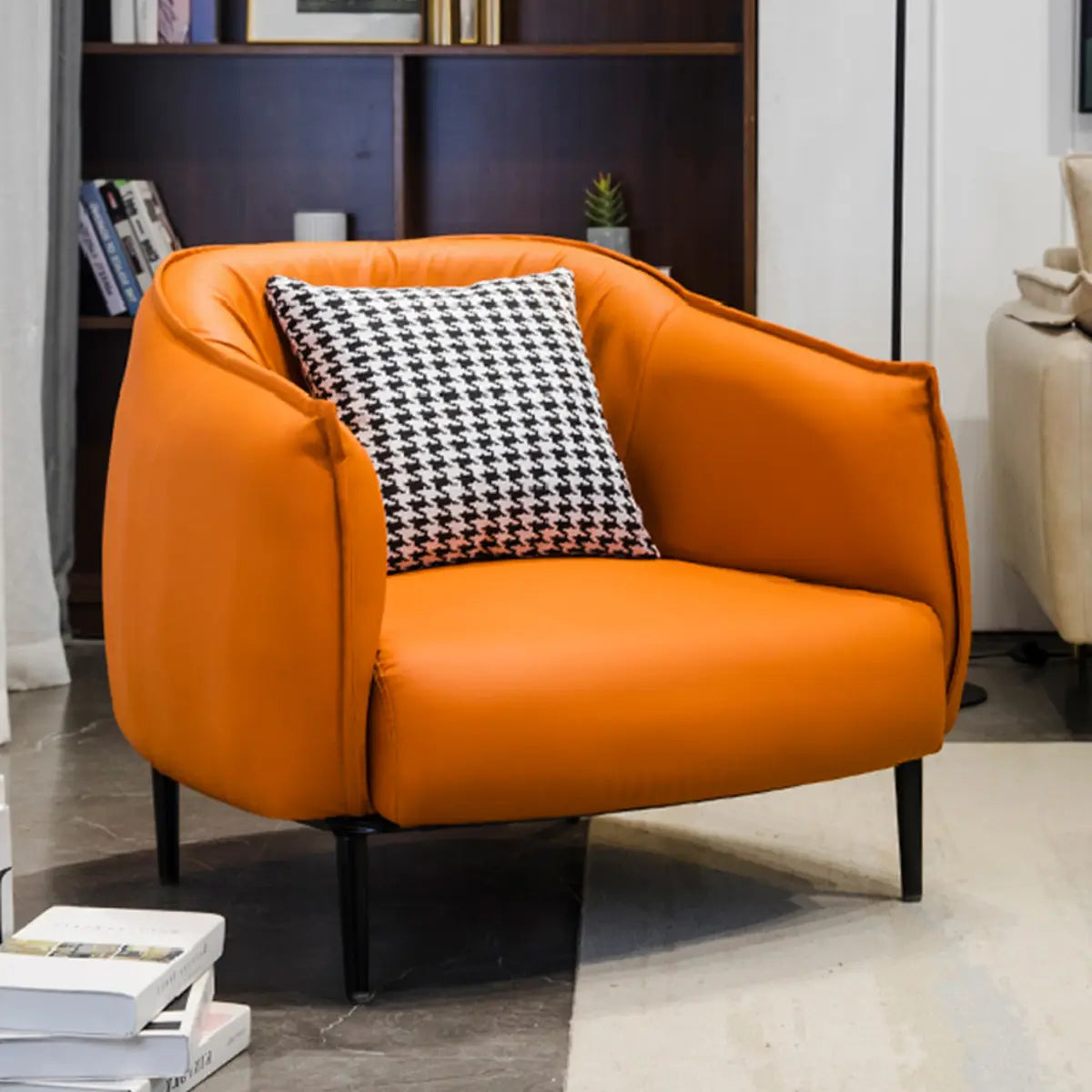 Orange Houndstooth Linen Fixed Back Foam Fill Arm Chair Image - 9