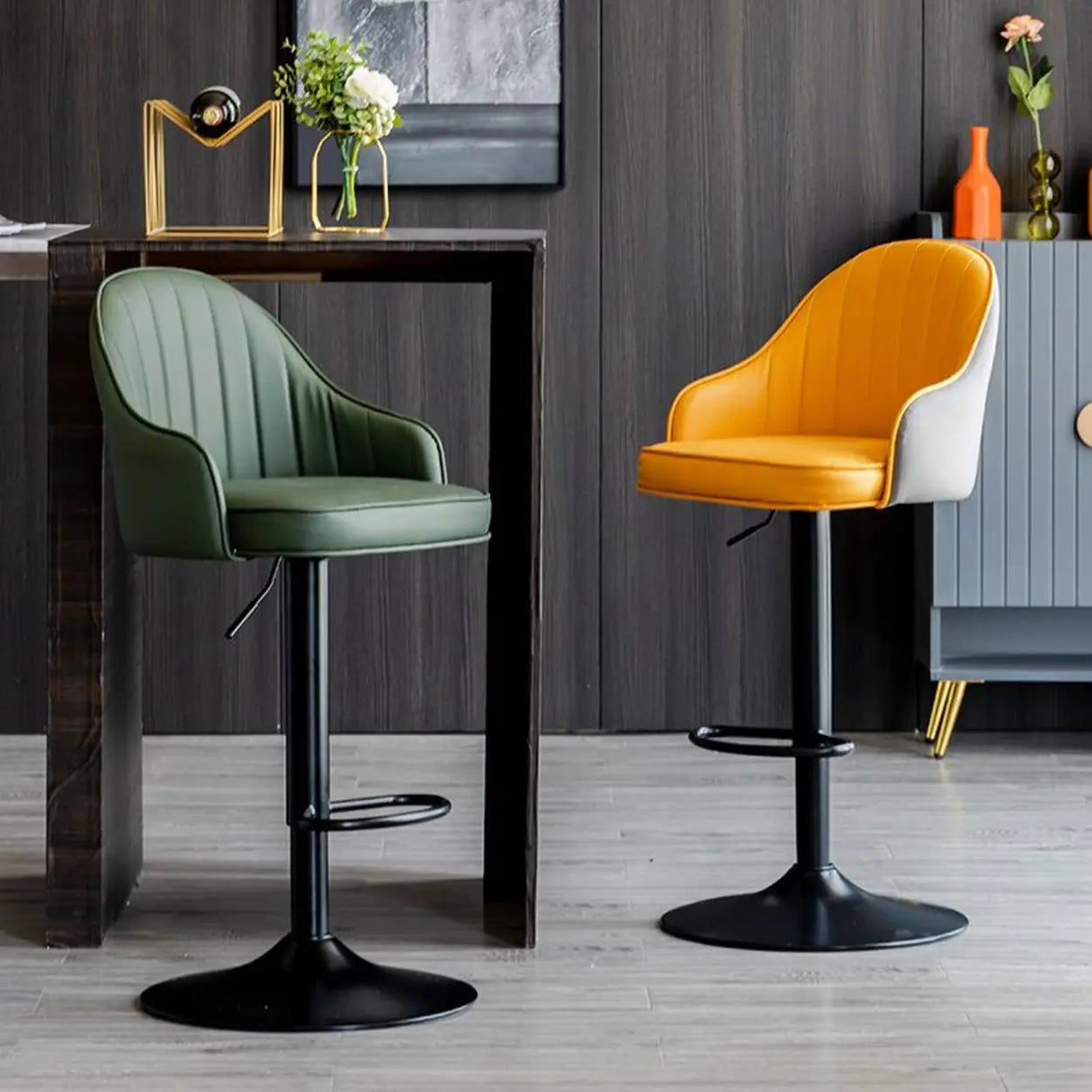 Orange Leather Armrest Adjustable Swivel Bar Stool Image - 3