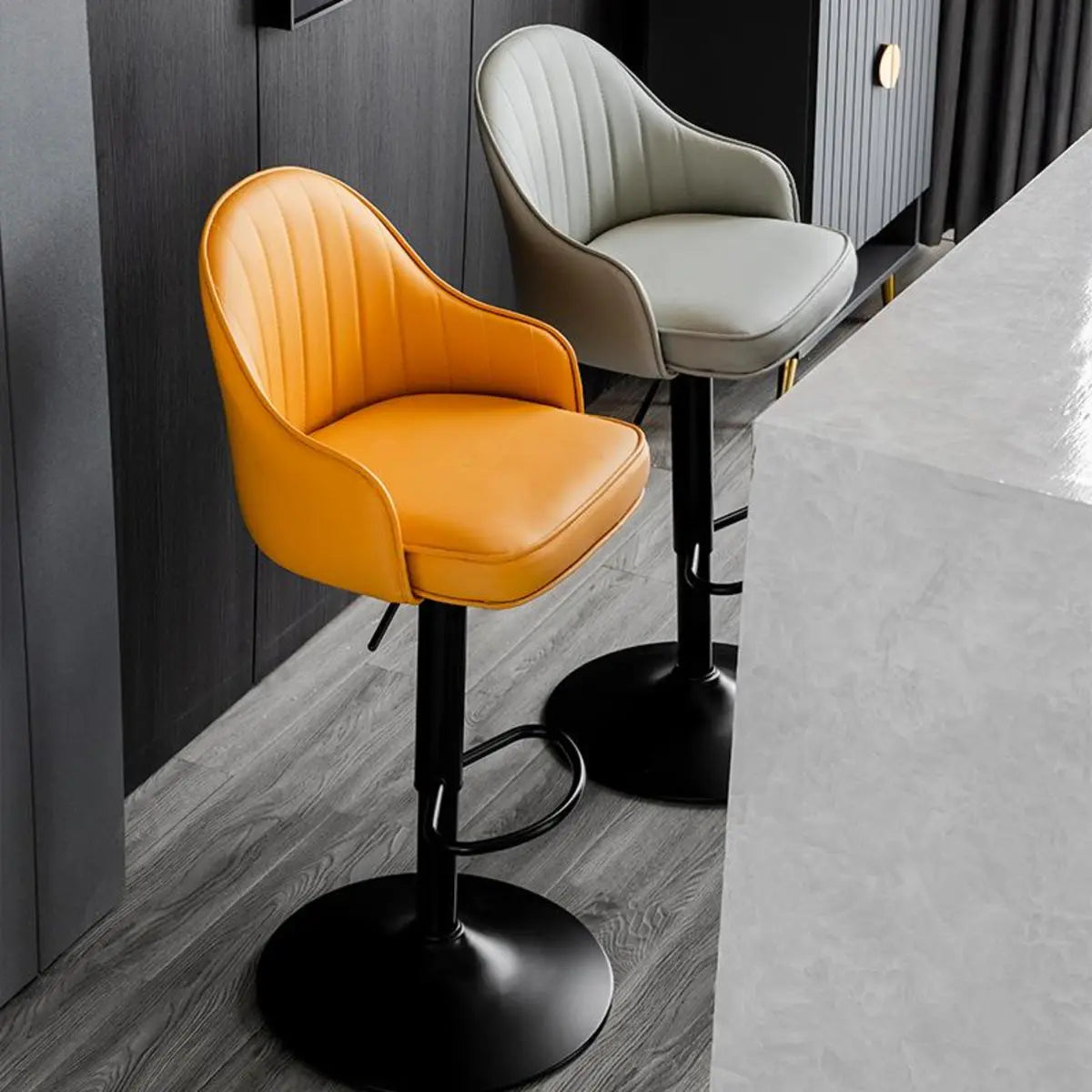Orange Leather Armrest Adjustable Swivel Bar Stool Image - 6