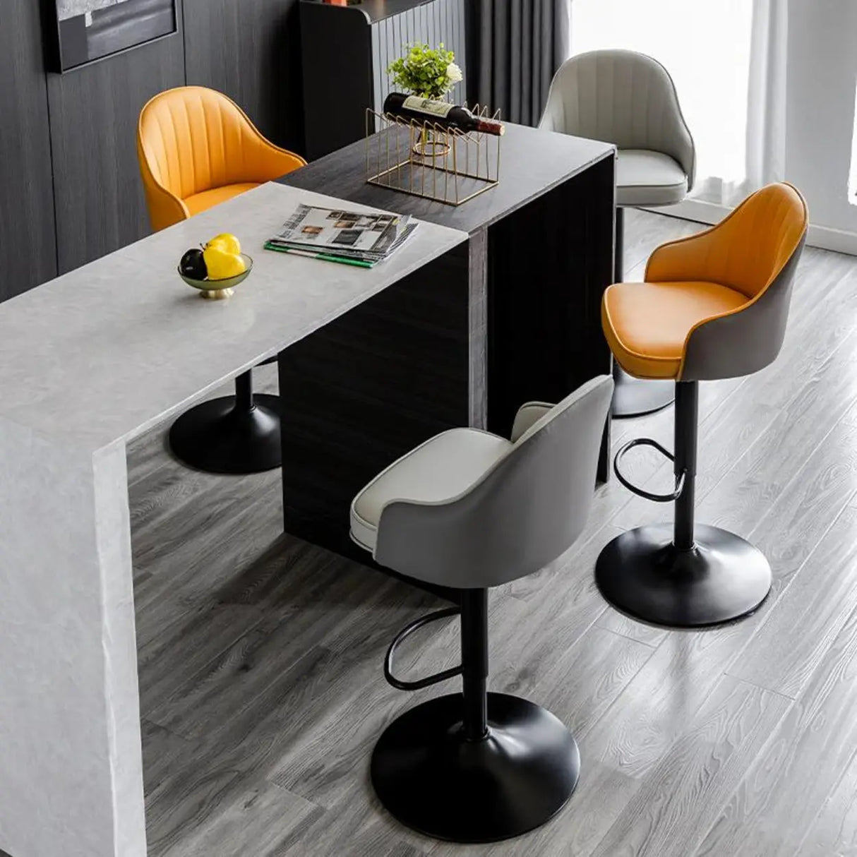 Orange Leather Armrest Adjustable Swivel Bar Stool Image - 7