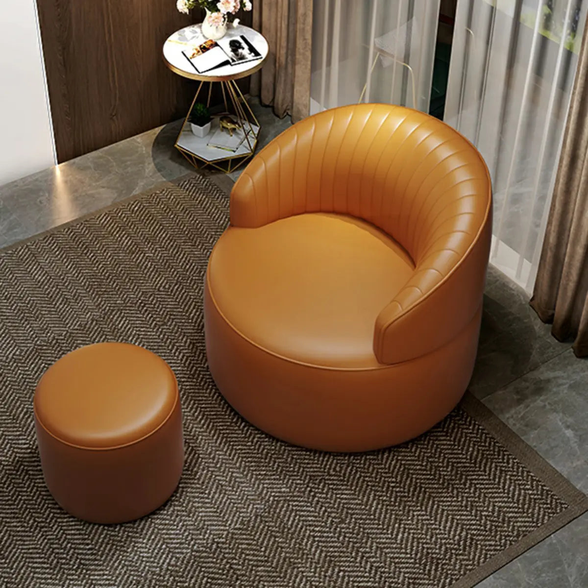 Orange Leather Fixed Back Barrel Chair with Arms Image - 10