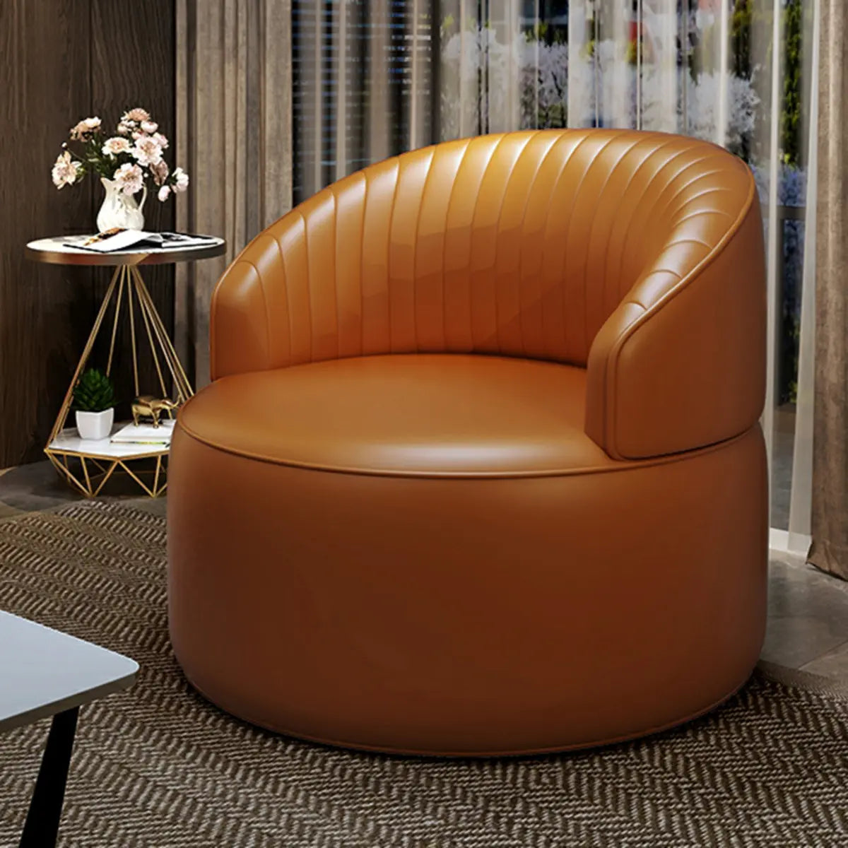 Orange Leather Fixed Back Barrel Chair with Arms Image - 2