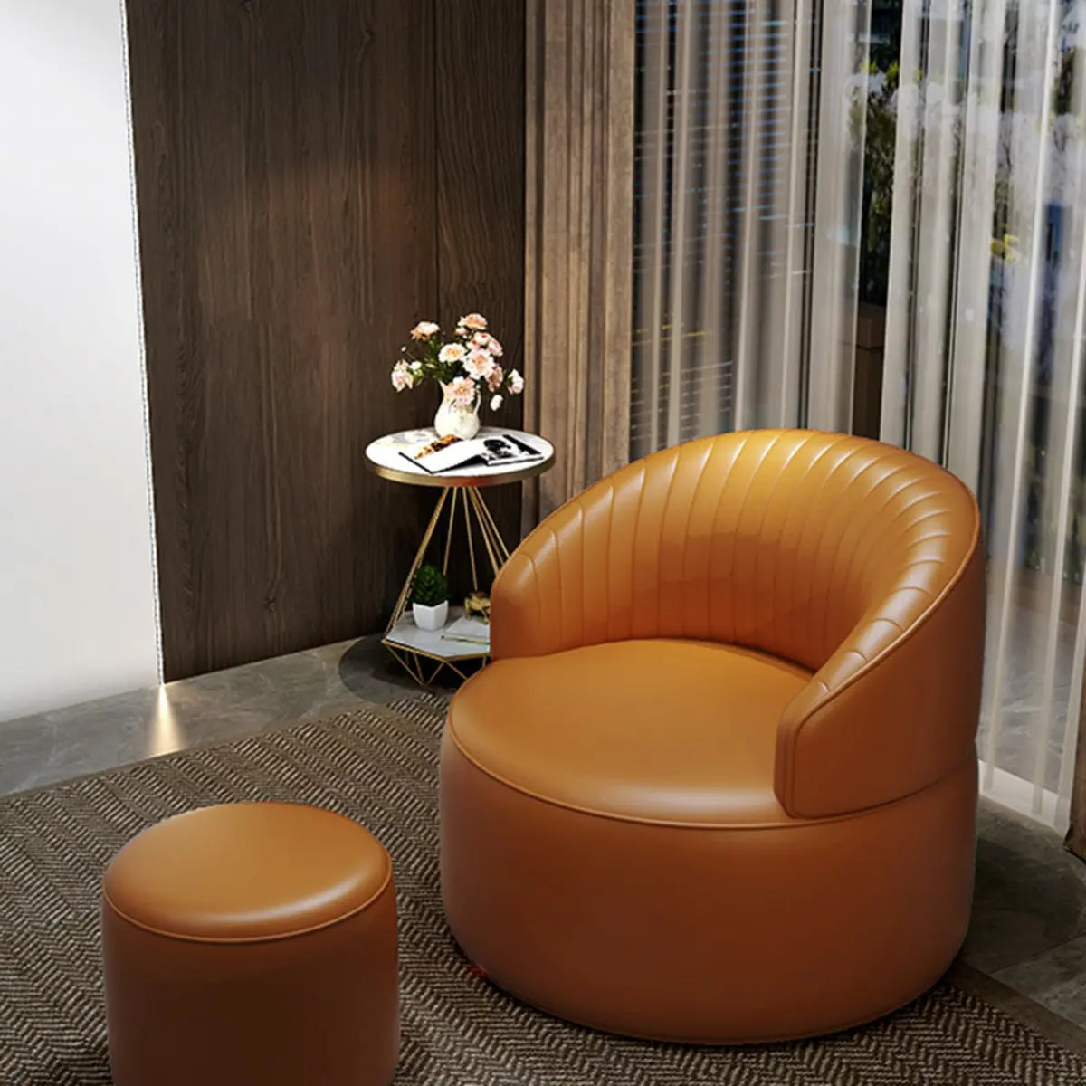 Orange Leather Fixed Back Barrel Chair with Arms Image - 3