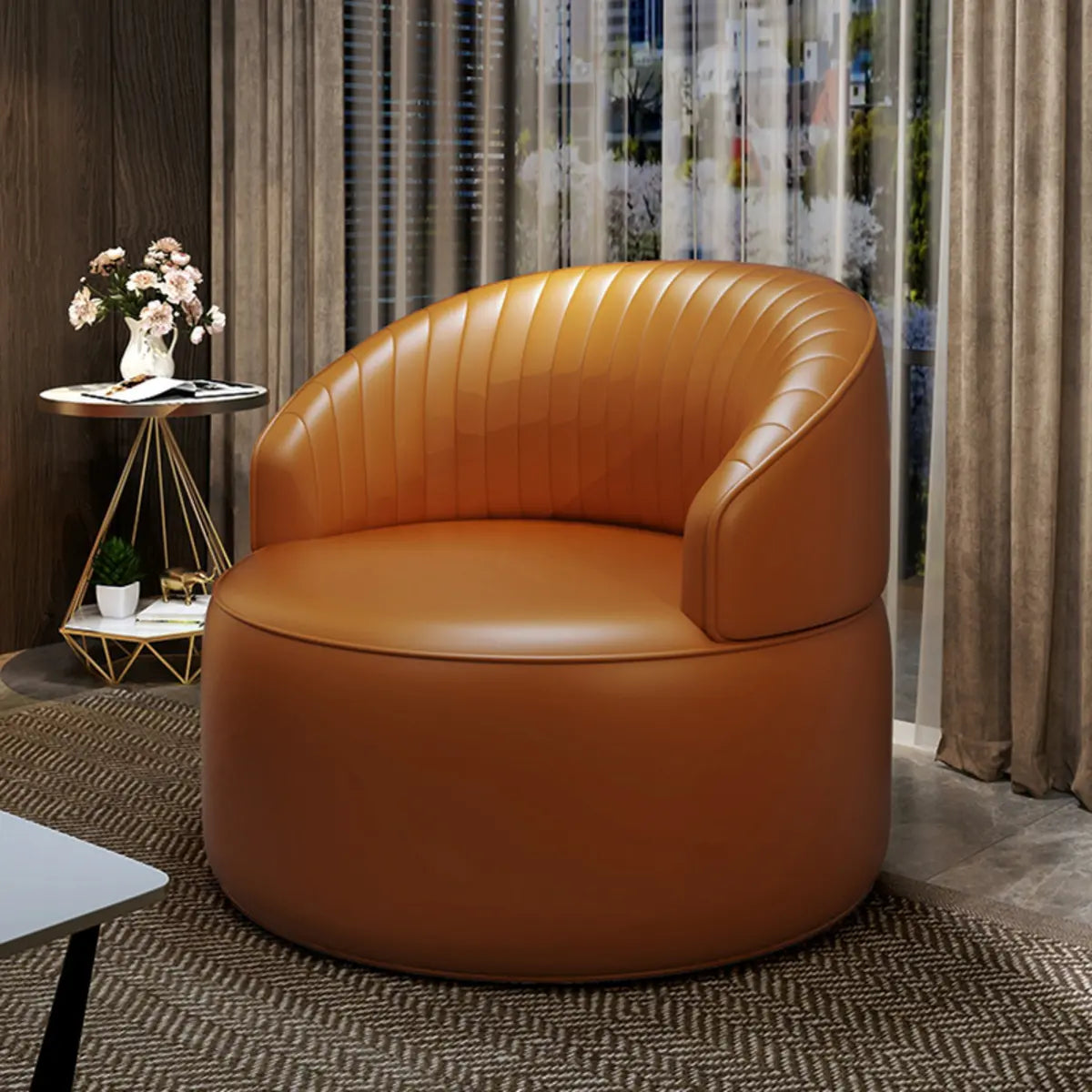Orange Leather Fixed Back Barrel Chair with Arms Image - 7