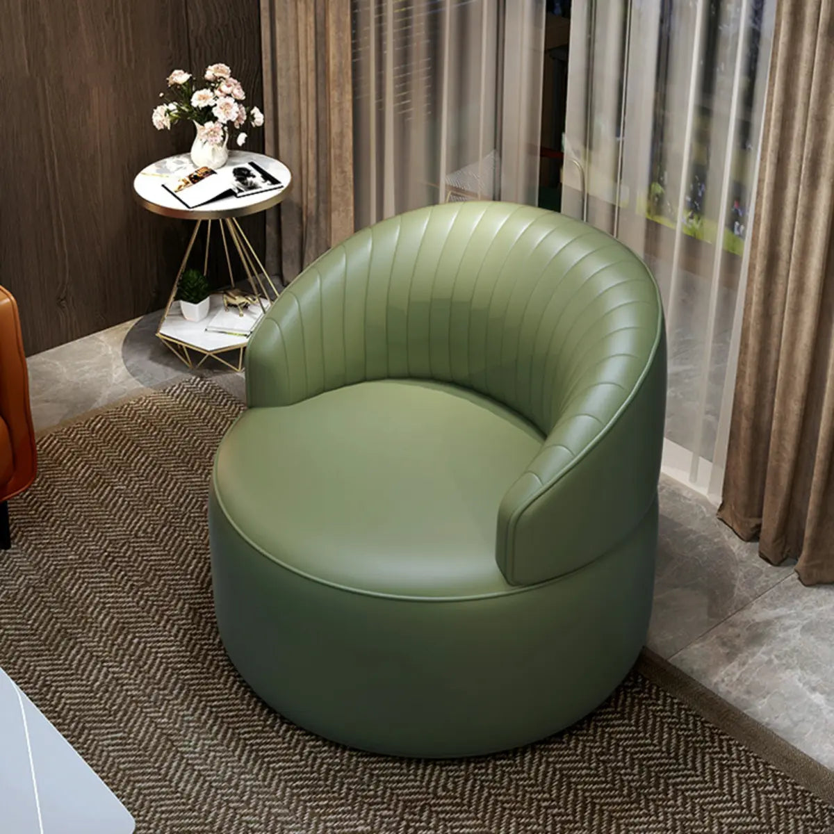 Orange Leather Fixed Back Barrel Chair with Arms Image - 8