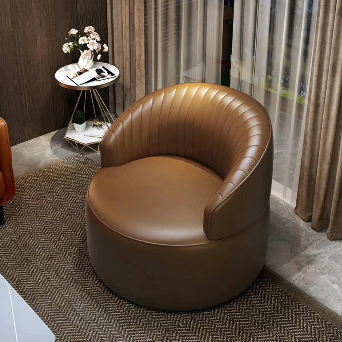 Orange Leather Fixed Back Barrel Chair with Arms Image - 9