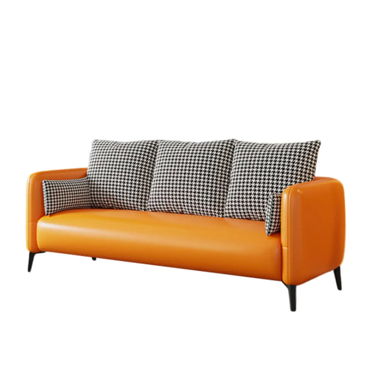 Orange Leather Square Arm Pillow Back 3 Seats Sofa Image - 1