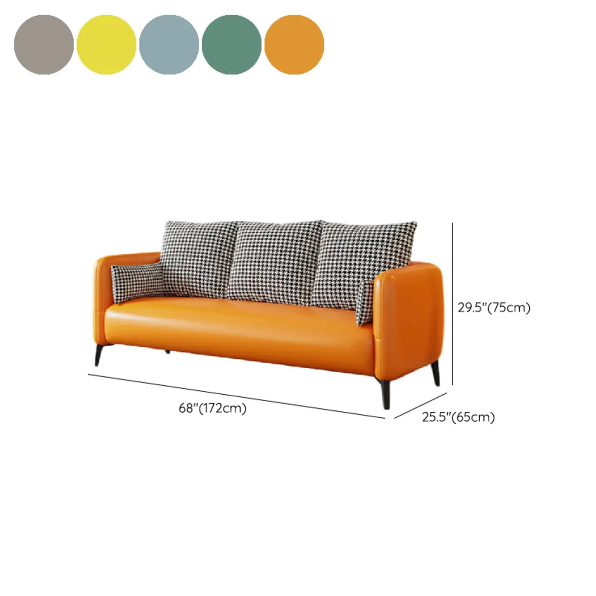 Orange Leather Square Arm Pillow Back 3 Seats Sofa