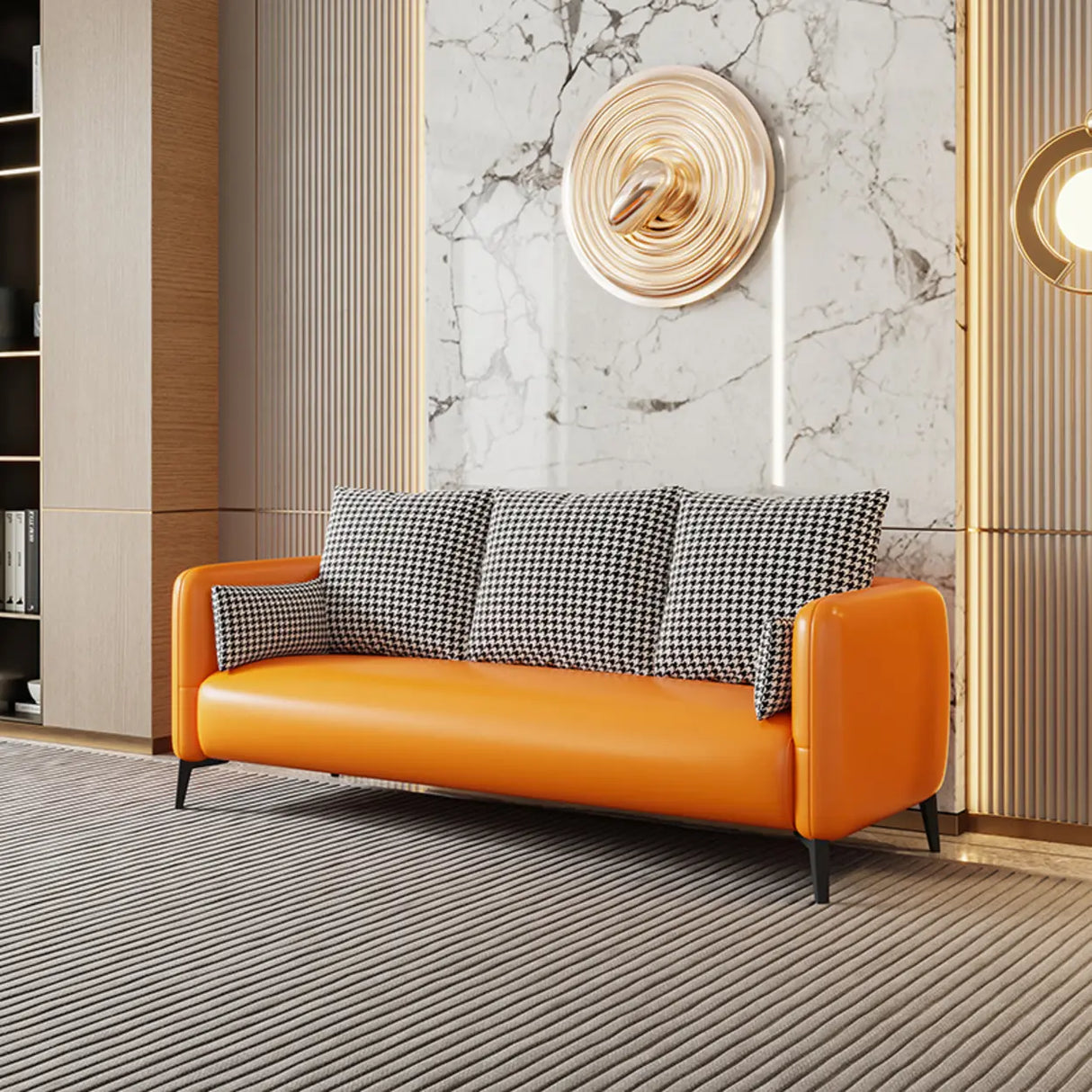 Orange Leather Square Arm Pillow Back 3 Seats Sofa Image - 3