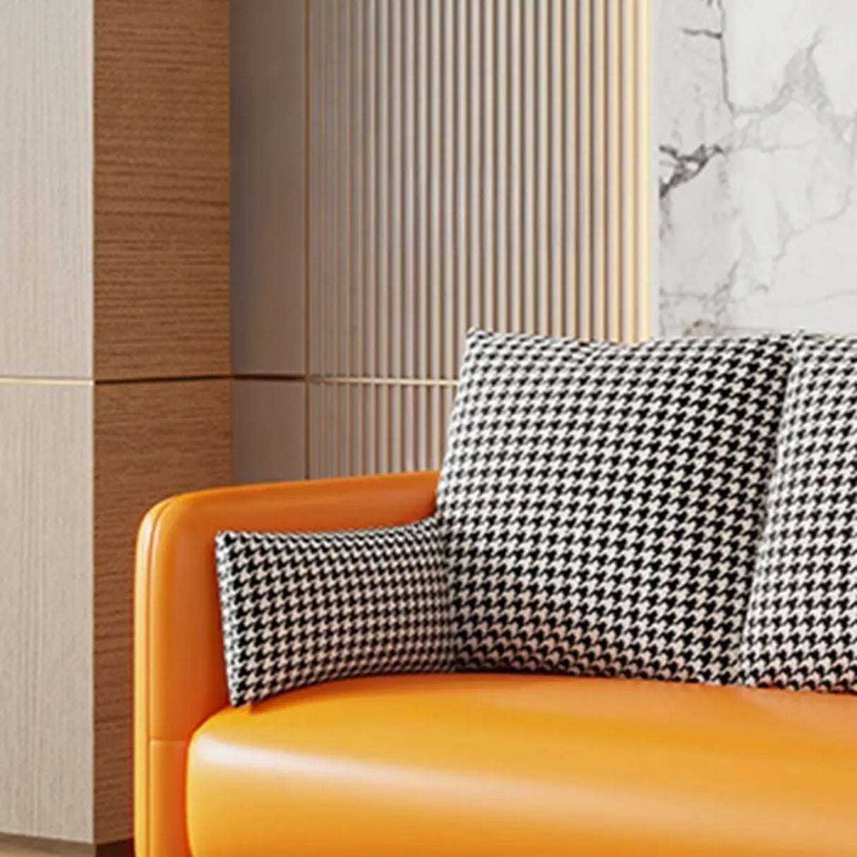 Orange Leather Square Arm Pillow Back 3 Seats Sofa Image - 8