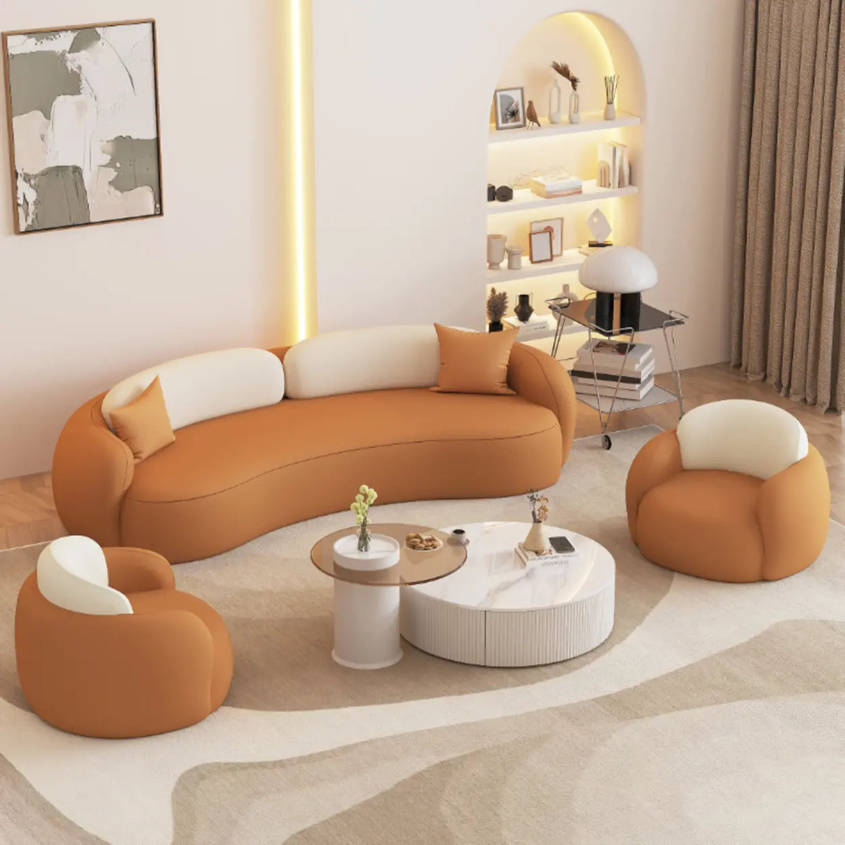 Orange Leather Tuxedo Arm Sewn Pillow Back Curved Sofa Image - 1