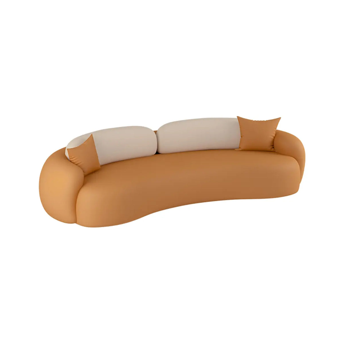 Orange Leather Tuxedo Arm Sewn Pillow Back Curved Sofa Image - 2