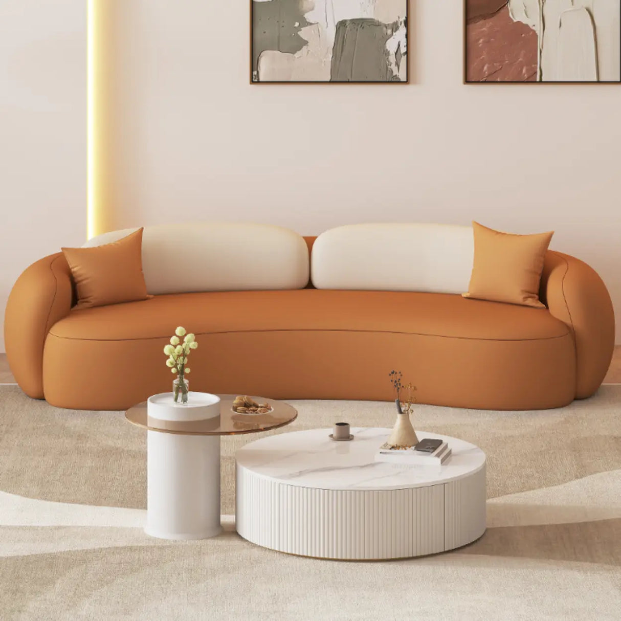 Orange Leather Tuxedo Arm Sewn Pillow Back Curved Sofa Image - 4