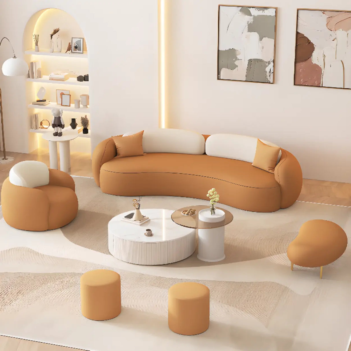 Orange Leather Tuxedo Arm Sewn Pillow Back Curved Sofa Image - 5