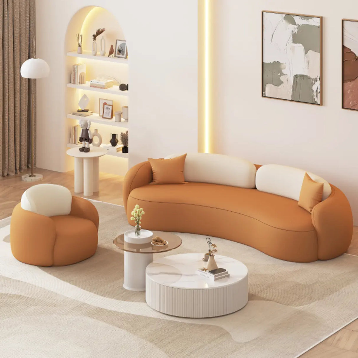 Orange Leather Tuxedo Arm Sewn Pillow Back Curved Sofa Image - 6