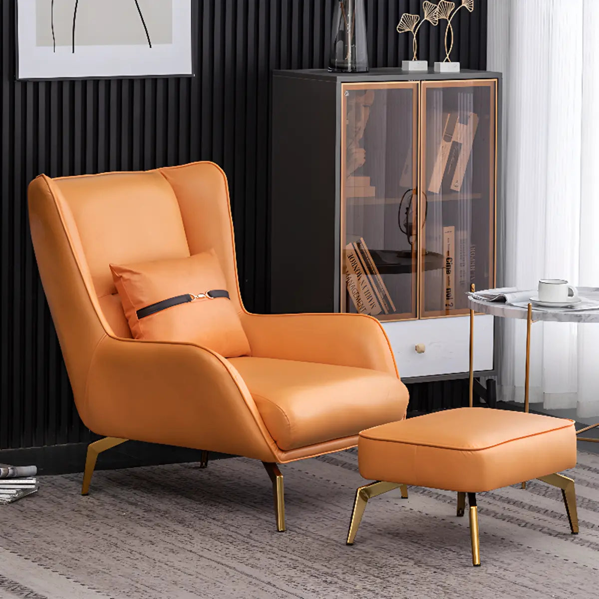 Orange Pillow Back Four Legs Accent Chair with Footrest Image - 1