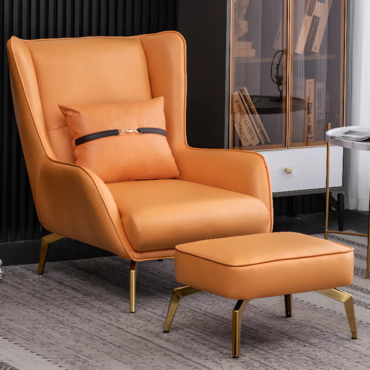 Orange Pillow Back Four Legs Accent Chair with Footrest Image - 23