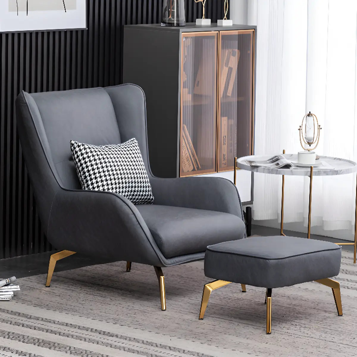 Orange Pillow Back Four Legs Accent Chair with Footrest Image - 5