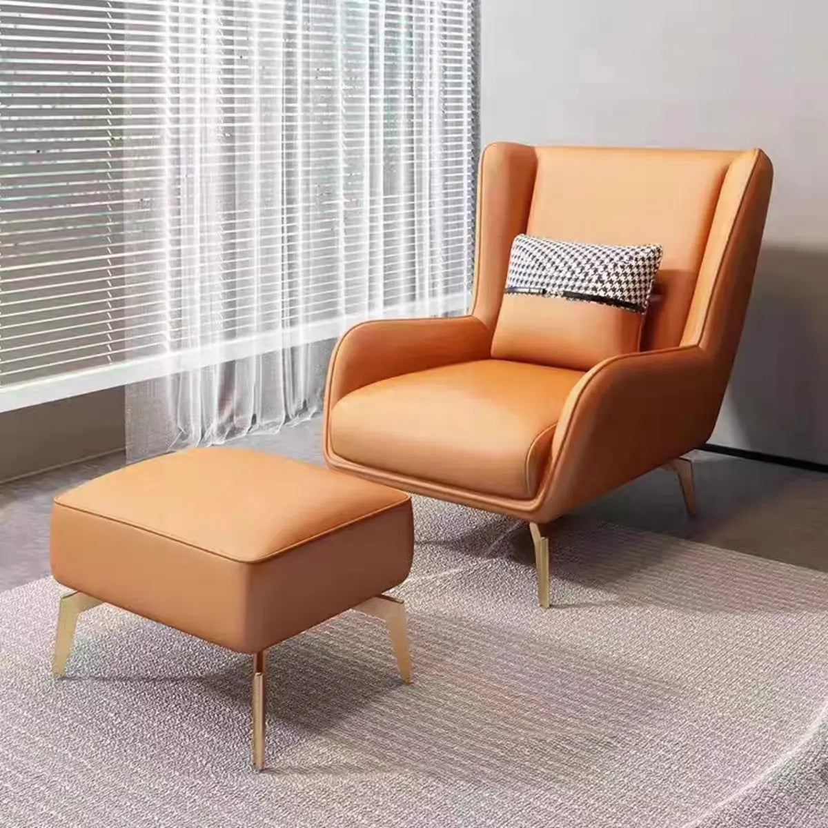 Orange Pillow Back Four Legs Accent Chair with Footrest Image - 7