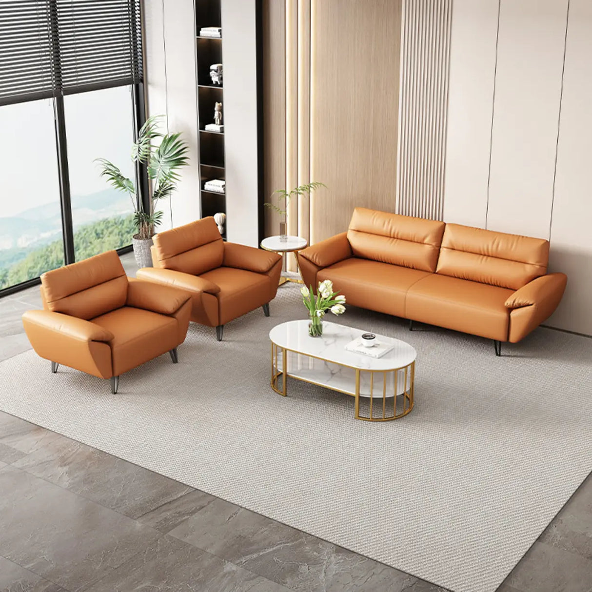 Orange Scratch Resistant Faux Leather Foam Fill Sofa Image - 3