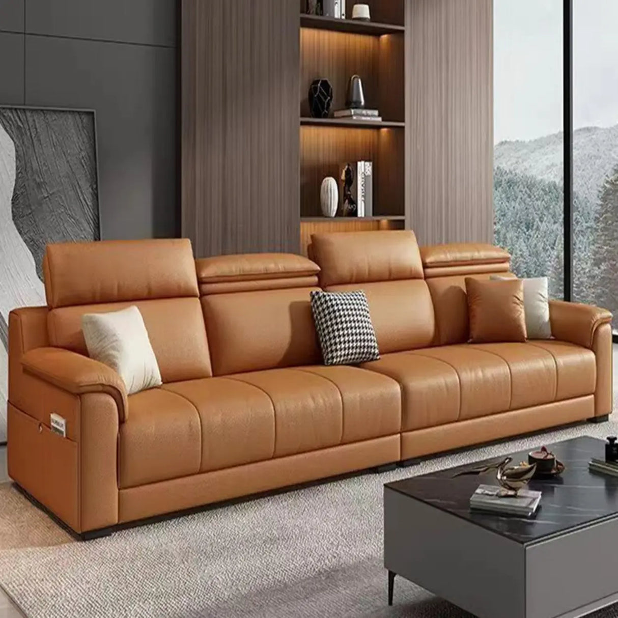 Orange Scratch Resistant Leather Biscuit Back Sofa Image - 1