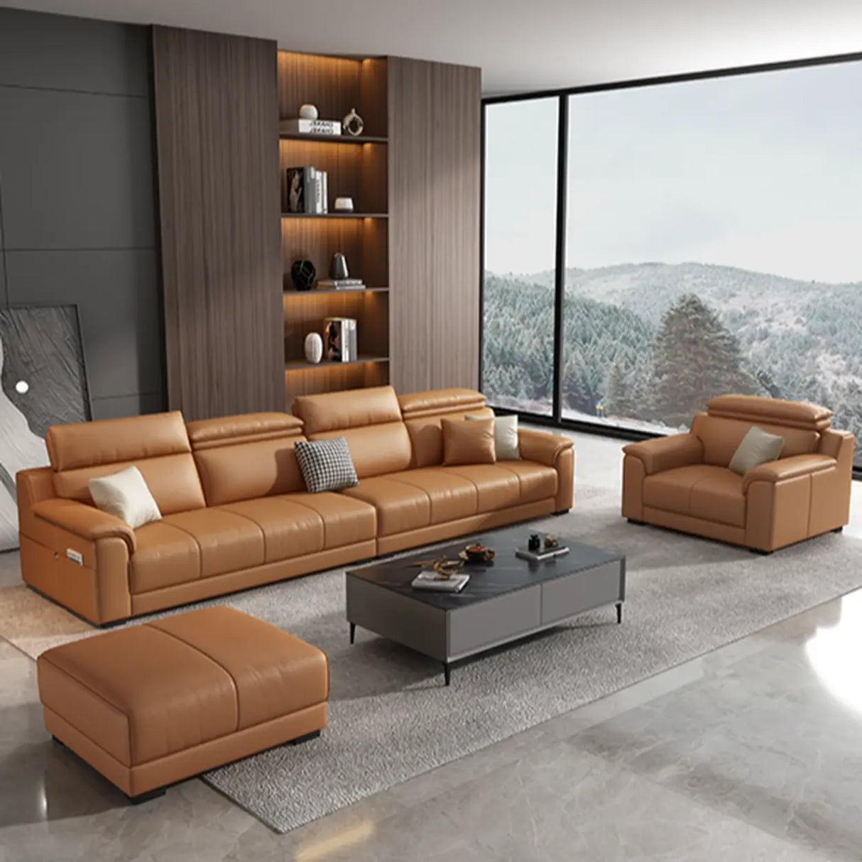 Orange Scratch Resistant Leather Biscuit Back Sofa Image - 3