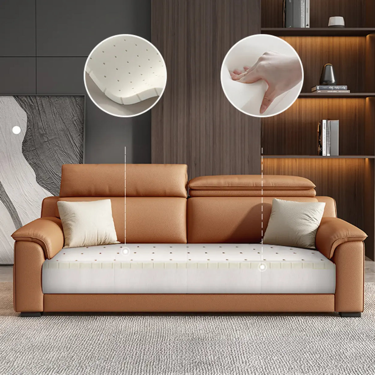 Orange Scratch Resistant Leather Biscuit Back Sofa Image - 5