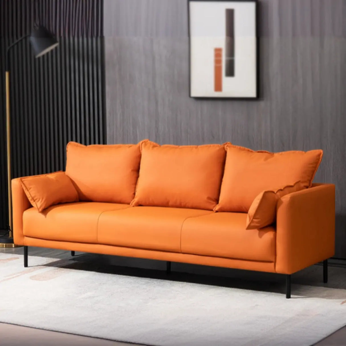Orange Scratch Resistant Leather Pillow Back Sofa Image - 1