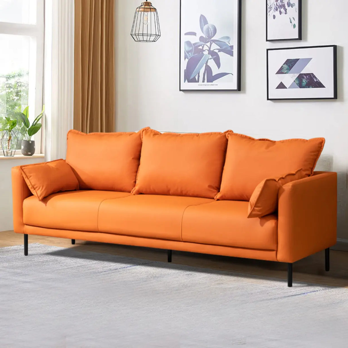 Orange Scratch Resistant Leather Pillow Back Sofa Image - 2
