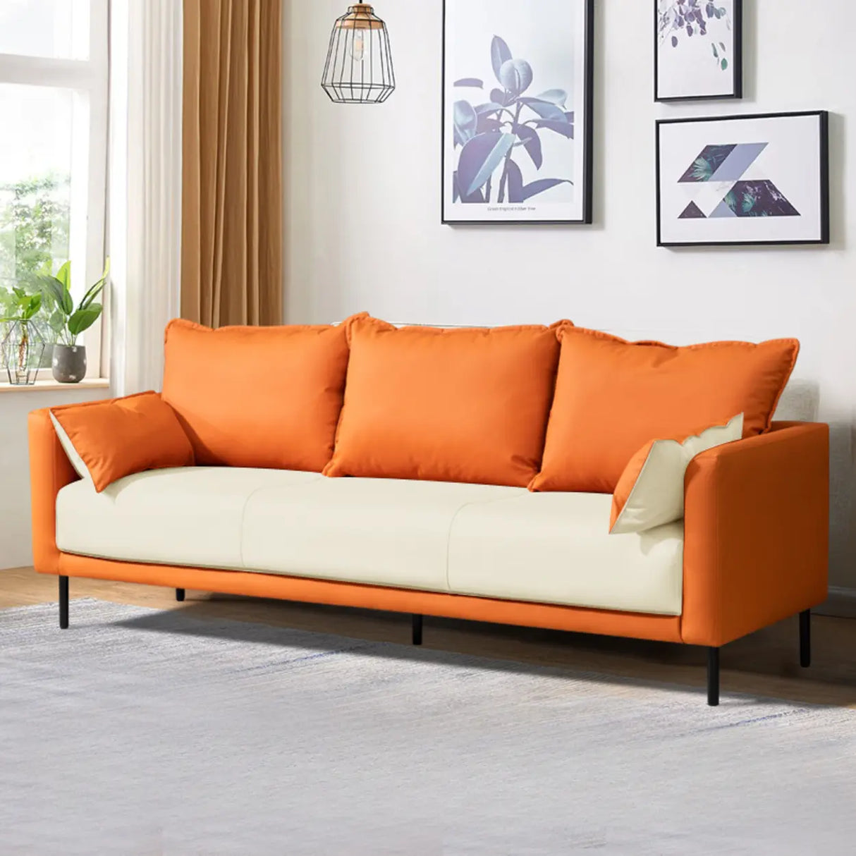 Orange Scratch Resistant Leather Pillow Back Sofa Image - 3