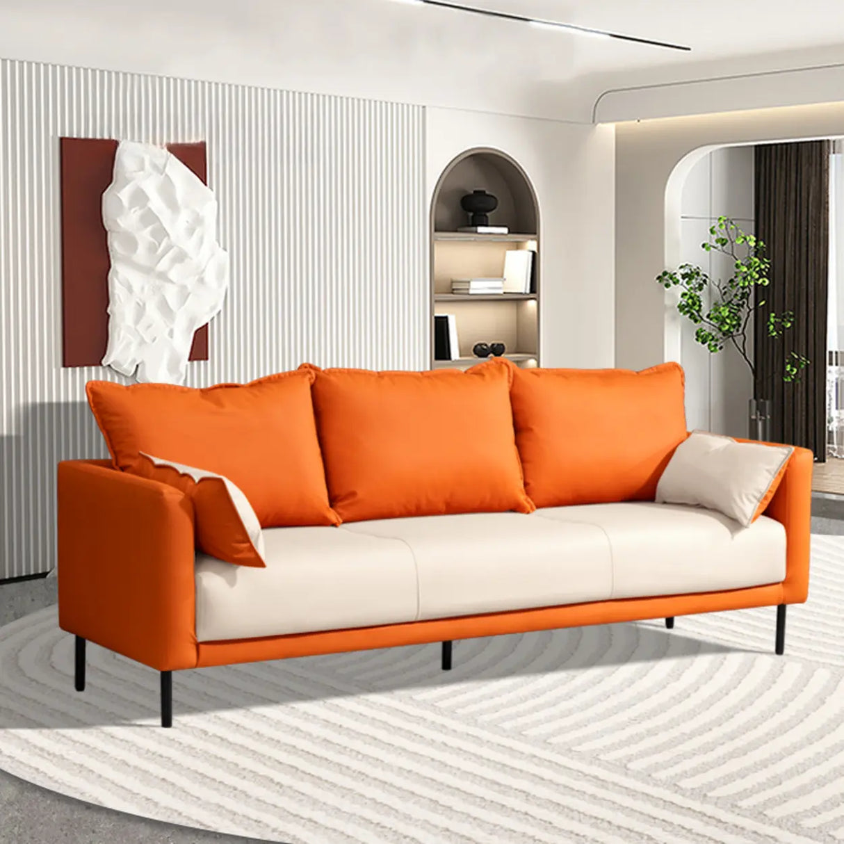 Orange Scratch Resistant Leather Pillow Back Sofa Image - 6