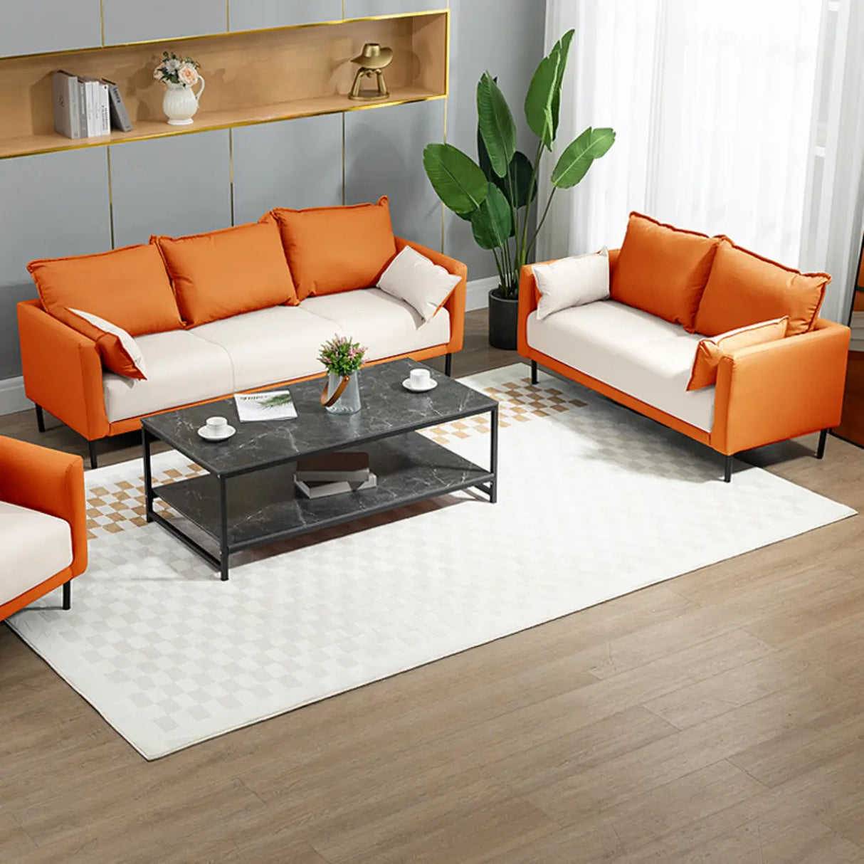 Orange Scratch Resistant Leather Pillow Back Sofa Image - 8