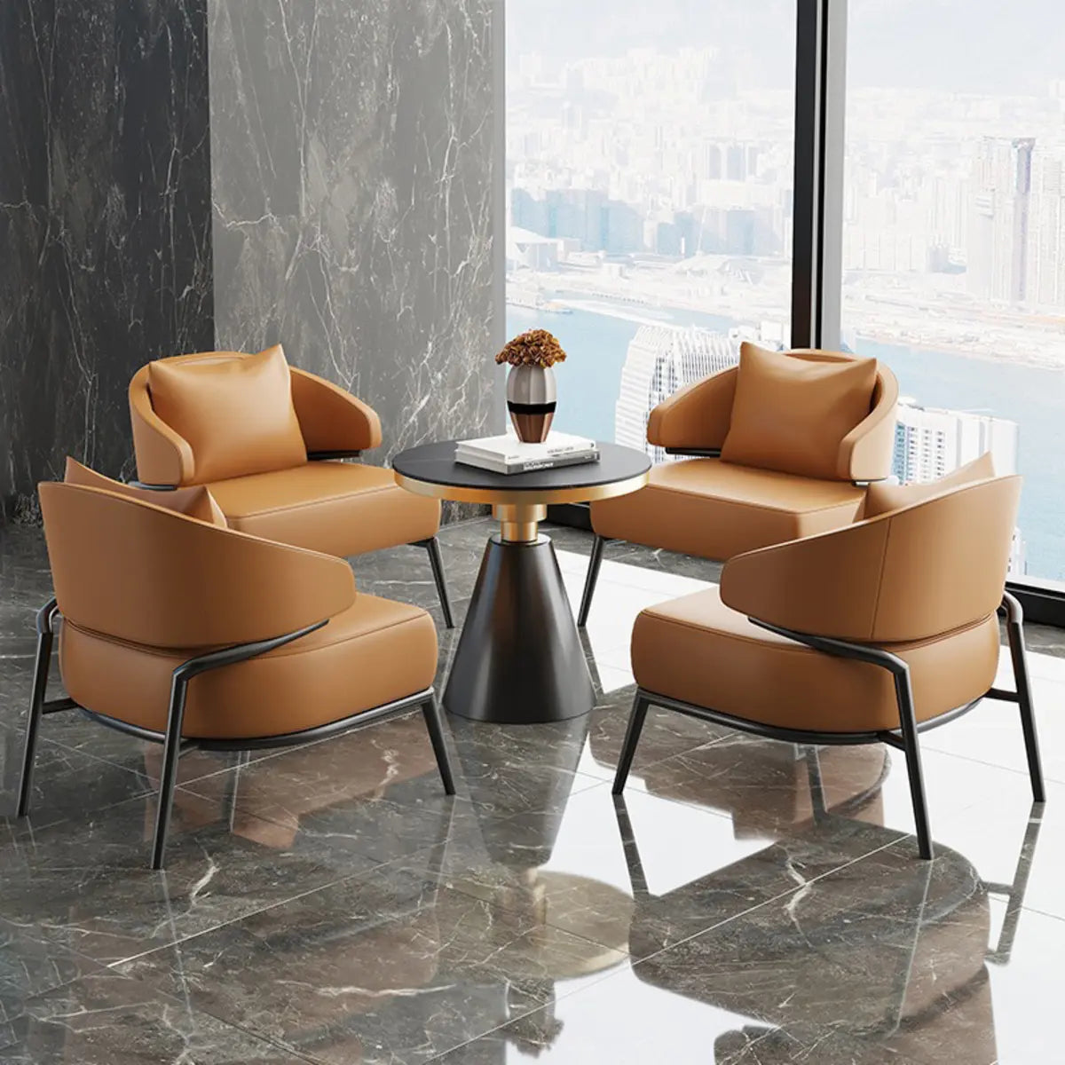 Orange Stain Resistant Nappa Leather 4 Legs Arm Chair Image - 1