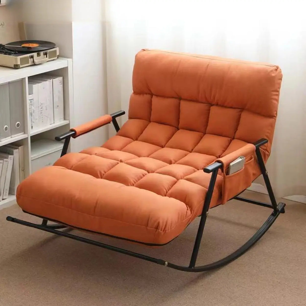 Orange Upholstered Metal Leg Rocking Chair with Pocket Image - 2