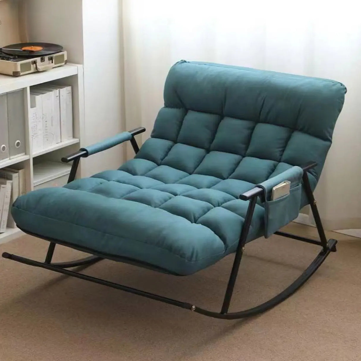 Orange Upholstered Metal Leg Rocking Chair with Pocket Image - 9