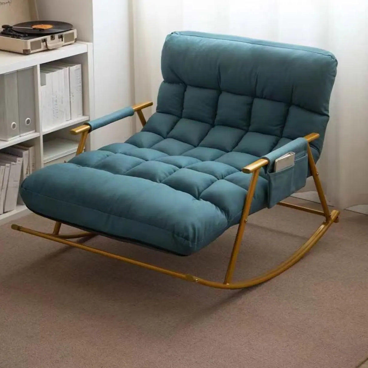 Orange Upholstered Metal Leg Rocking Chair with Pocket Image - 11