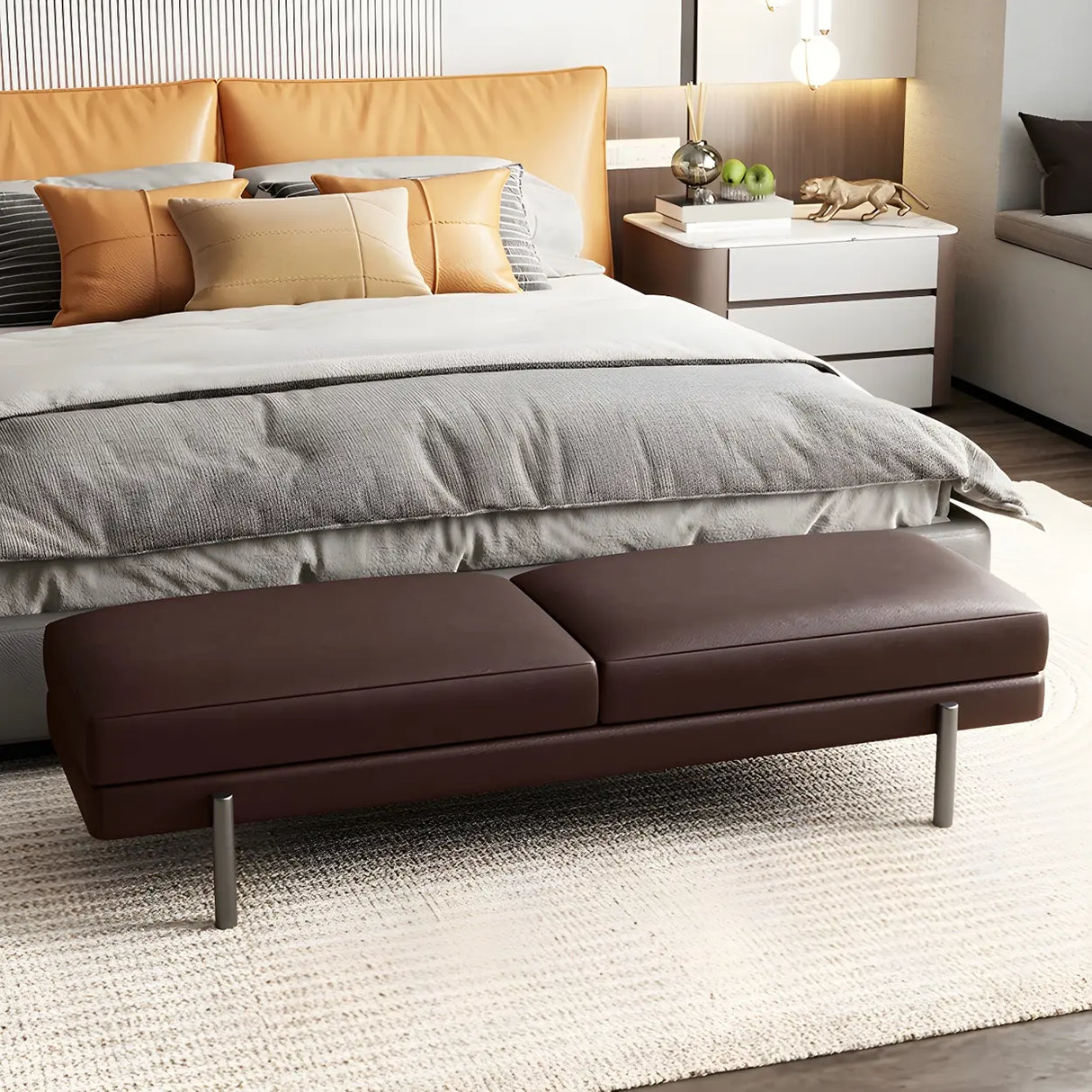 Orange Upholstered Short Bedroom Bench with Legs Image - 12