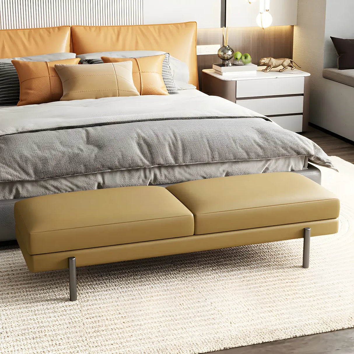 Orange Upholstered Short Bedroom Bench with Legs Image - 13