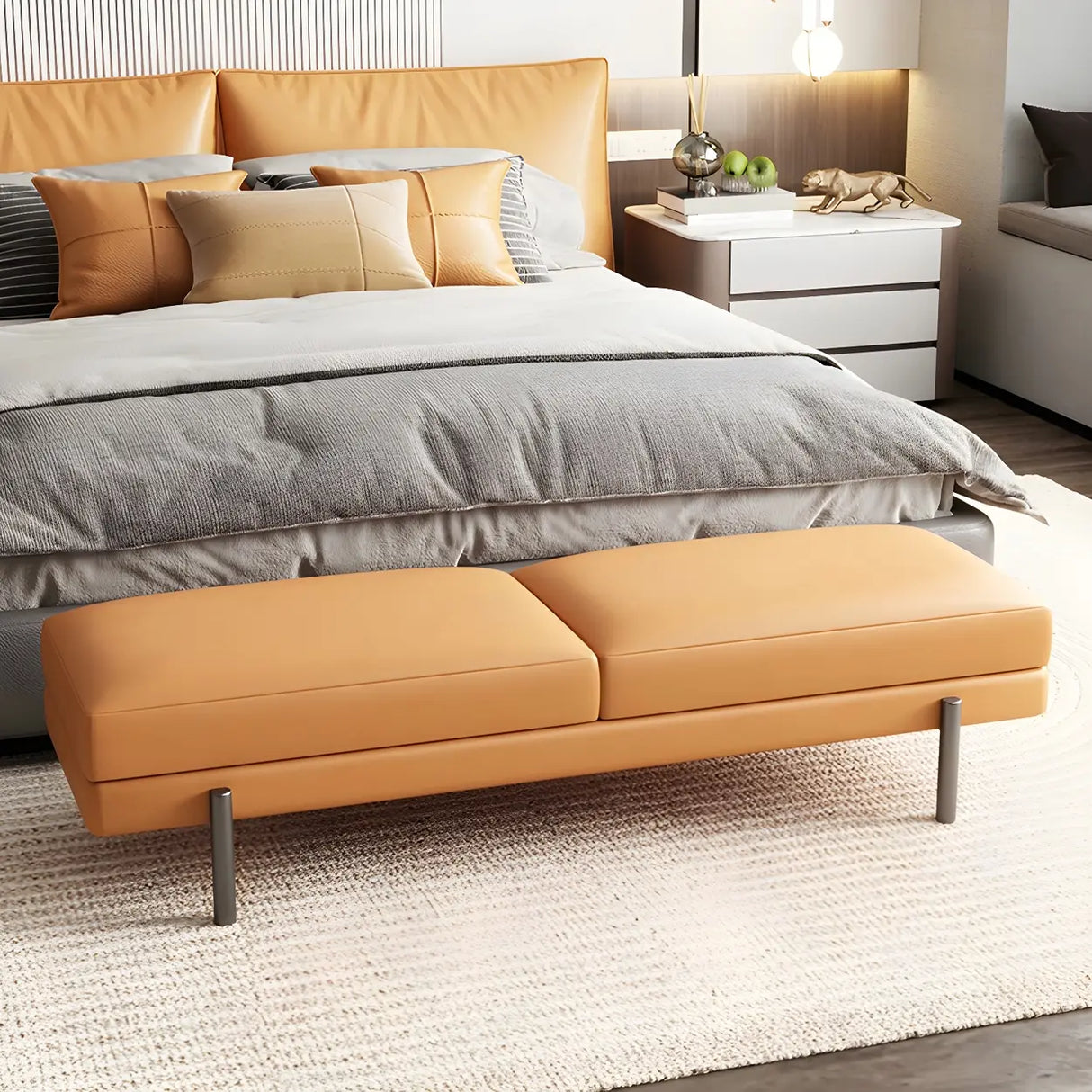 Orange Upholstered Short Bedroom Bench with Legs Image - 15