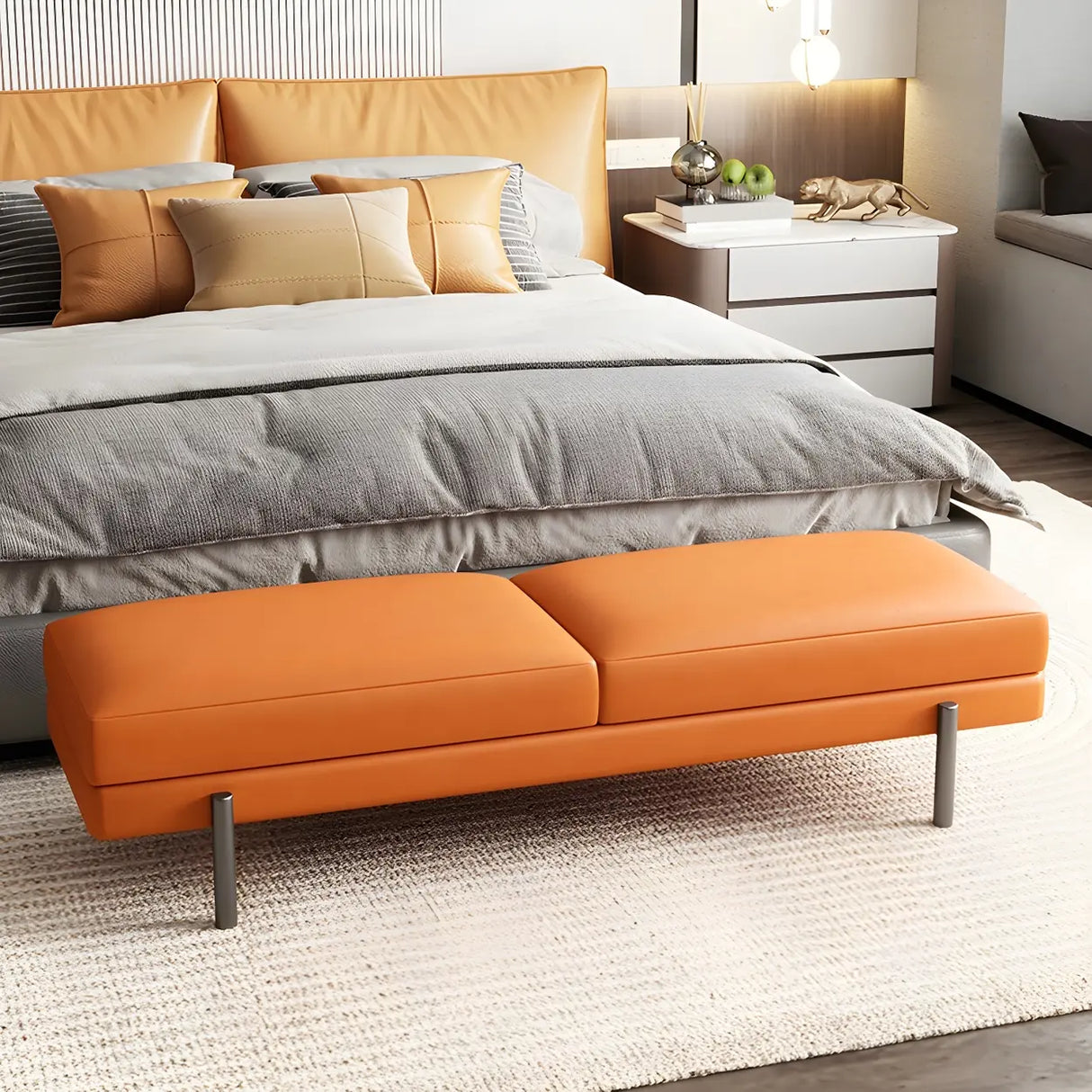 Orange Upholstered Short Bedroom Bench with Legs Image - 19